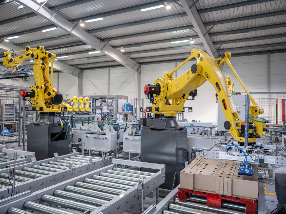 Robots industriales y mezcla de productos doypack/pouch en cajas de cartón con sistema de despaletización y paletización en cadenas minoristas